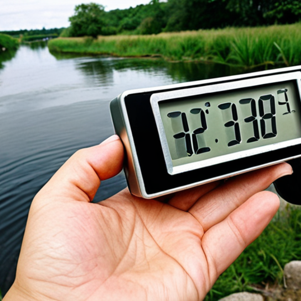 **A digital thermometer displaying water temperature readings next to a river, emphasizing the impact of temperature on aquatic life. Show stressed or dead fish nearby.** (Focus: water temperature, digital technology, negative impact on ecosystem)