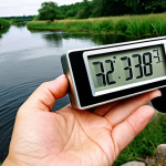 **A digital thermometer displaying water temperature readings next to a river, emphasizing the impact of temperature on aquatic life. Show stressed or dead fish nearby.** (Focus: water temperature, digital technology, negative impact on ecosystem)