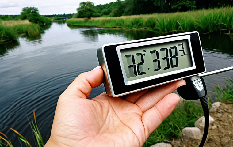 **A digital thermometer displaying water temperature readings next to a river, emphasizing the impact of temperature on aquatic life. Show stressed or dead fish nearby.** (Focus: water temperature, digital technology, negative impact on ecosystem)