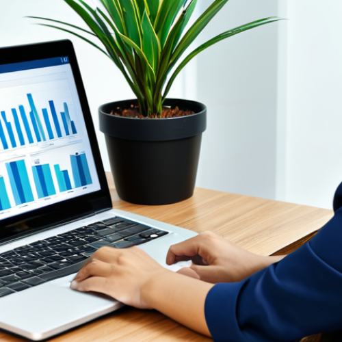 A diverse Malaysian professional, fully clothed in appropriate, modest business attire, sits confidently at a modern office desk. They are looking at a laptop screen displaying a salary research chart, with an open notebook and pen beside it, embodying thorough preparation and self-assessment for career advancement in the water quality and environmental sector. The background features a subtle, abstract representation of water flow and a healthy potted plant, hinting at the industry. The lighting is bright and inviting, creating an atmosphere of focused ambition. This image is safe for work, appropriate content, professional, perfect anatomy, correct proportions, natural pose, well-formed hands, proper finger count, natural body proportions.