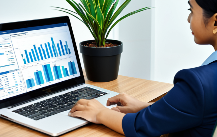 A diverse Malaysian professional, fully clothed in appropriate, modest business attire, sits confidently at a modern office desk. They are looking at a laptop screen displaying a salary research chart, with an open notebook and pen beside it, embodying thorough preparation and self-assessment for career advancement in the water quality and environmental sector. The background features a subtle, abstract representation of water flow and a healthy potted plant, hinting at the industry. The lighting is bright and inviting, creating an atmosphere of focused ambition. This image is safe for work, appropriate content, professional, perfect anatomy, correct proportions, natural pose, well-formed hands, proper finger count, natural body proportions.