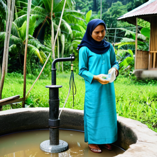 Water Quality Testing in a Rural Village**

"A young woman, fully clothed in modest baju kurung, tests a water sample from a well in a small Malaysian village, appropriate attire, safe for work, perfect anatomy, natural proportions, professional photography, environmental science focus, shows concern and awareness, background of lush greenery and traditional wooden houses, family-friendly, high quality."

**